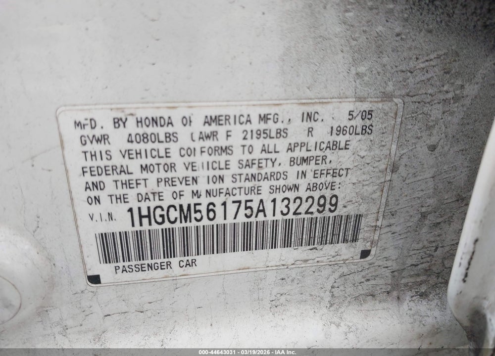 2005 HONDA ACCORD 2.4 DX/DX VP VIN: 1HGCM56175A132299