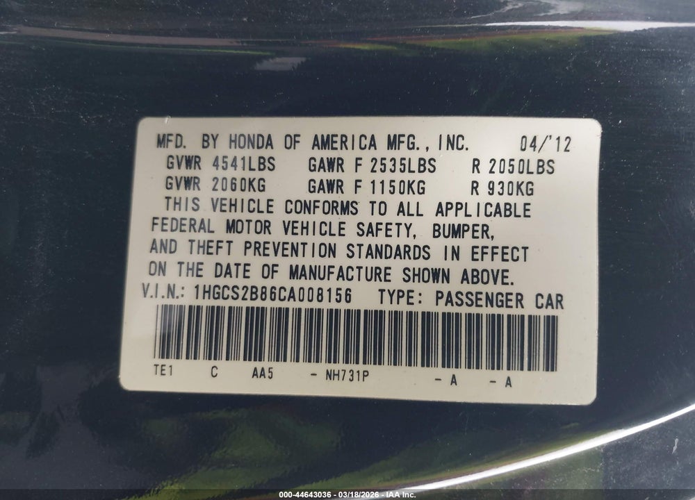 2012 HONDA ACCORD 3.5 EX-L VIN: 1HGCS2B86CA008156