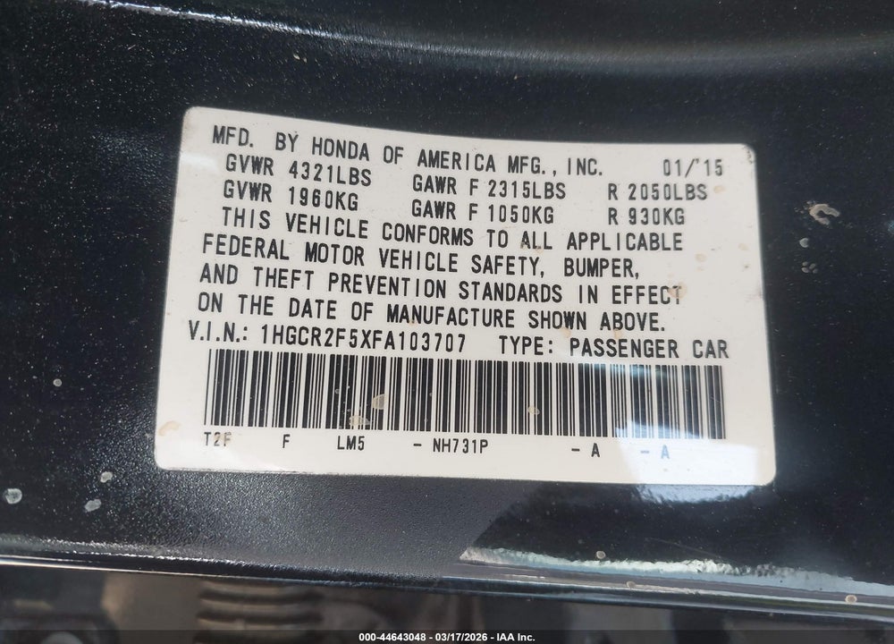 2015 HONDA ACCORD SPORT VIN: 1HGCR2F5XFA103707