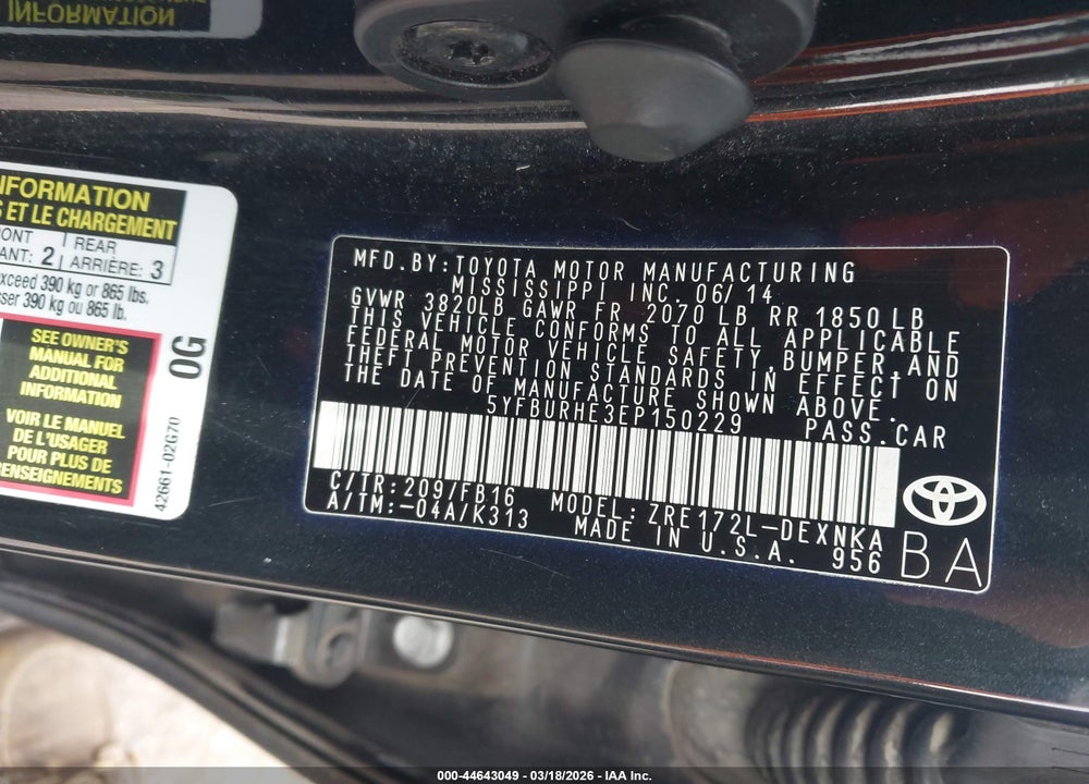 2014 TOYOTA COROLLA LE VIN: 5YFBURHE3EP150229