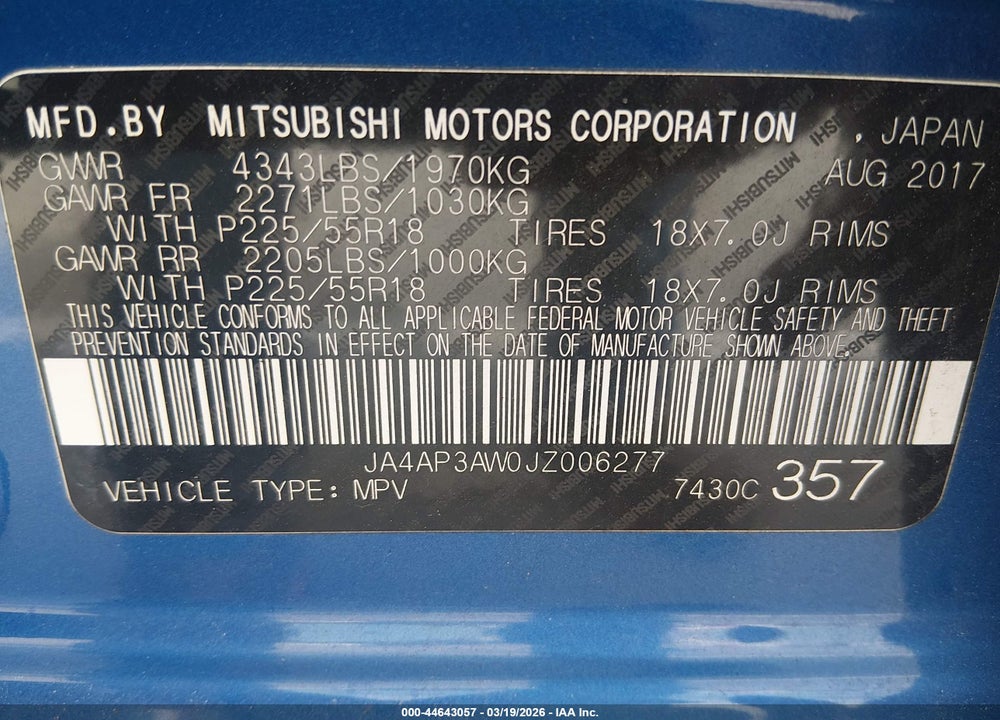 2018 MITSUBISHI OUTLANDER SPORT 2.4 SE VIN: JA4AP3AW0JZ006277