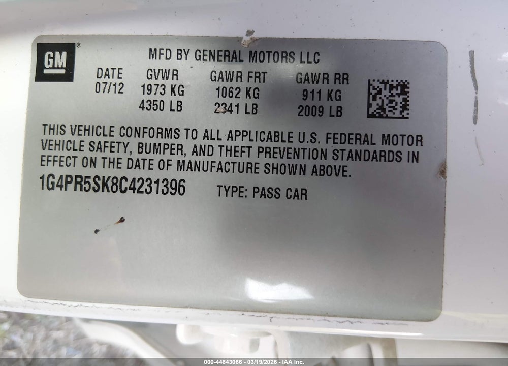 2012 BUICK VERANO CONVENIENCE GROUP VIN: 1G4PR5SK8C4231396