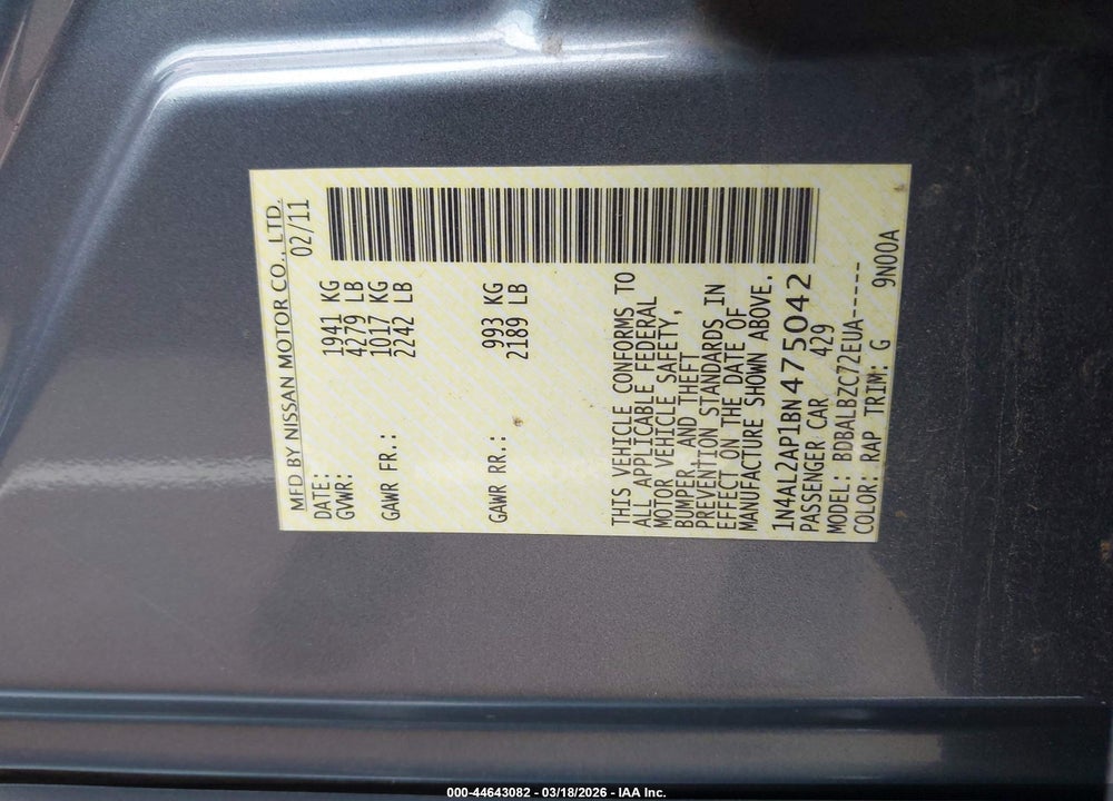 2011 NISSAN ALTIMA 2.5 S VIN: 1N4AL2AP1BN475042