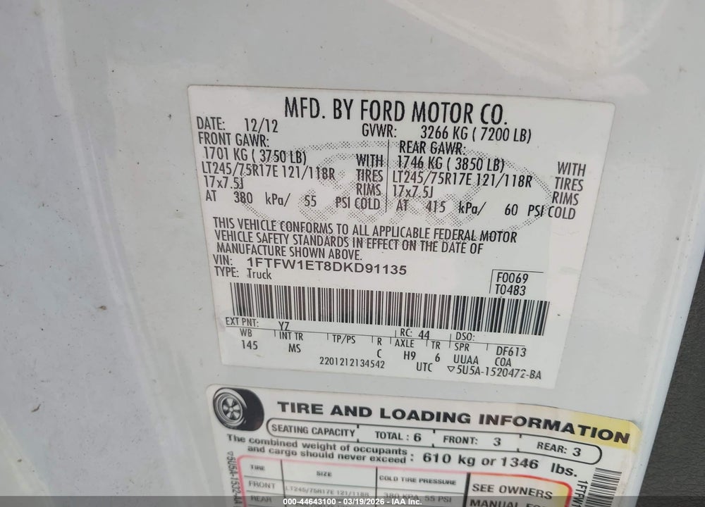 2013 FORD F-150 XLT VIN: 1FTFW1ET8DKD91135