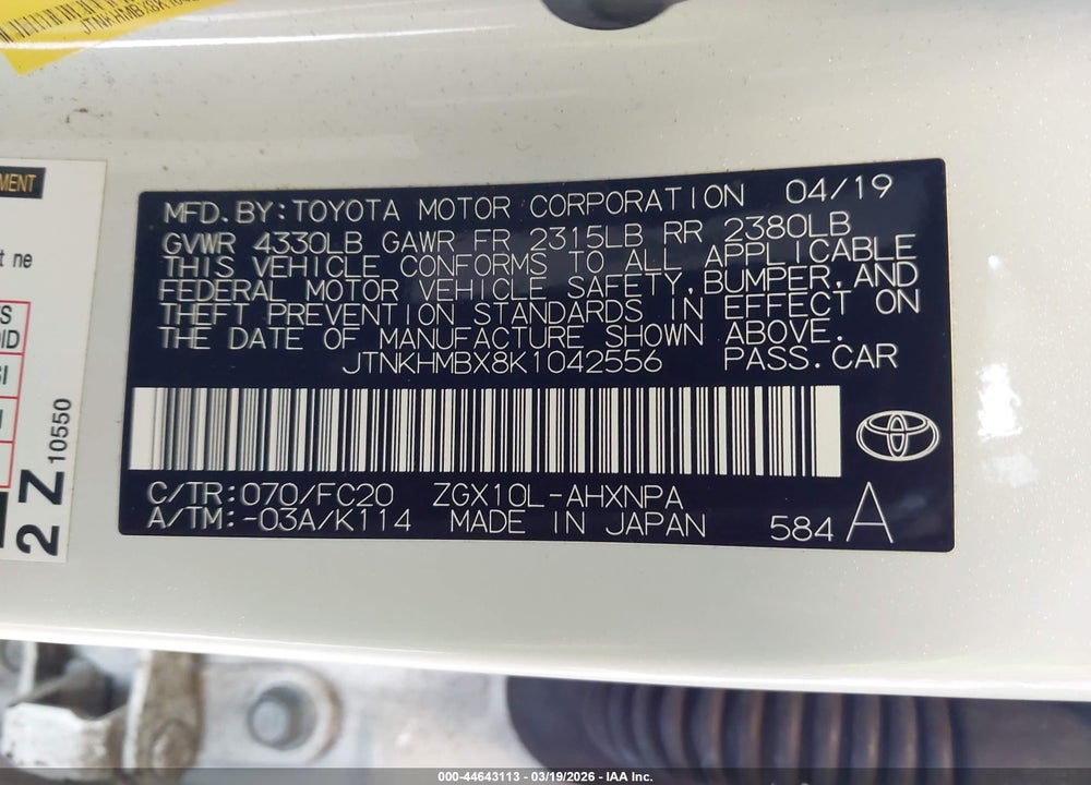 2019 TOYOTA C-HR LE VIN: JTNKHMBX8K1042556
