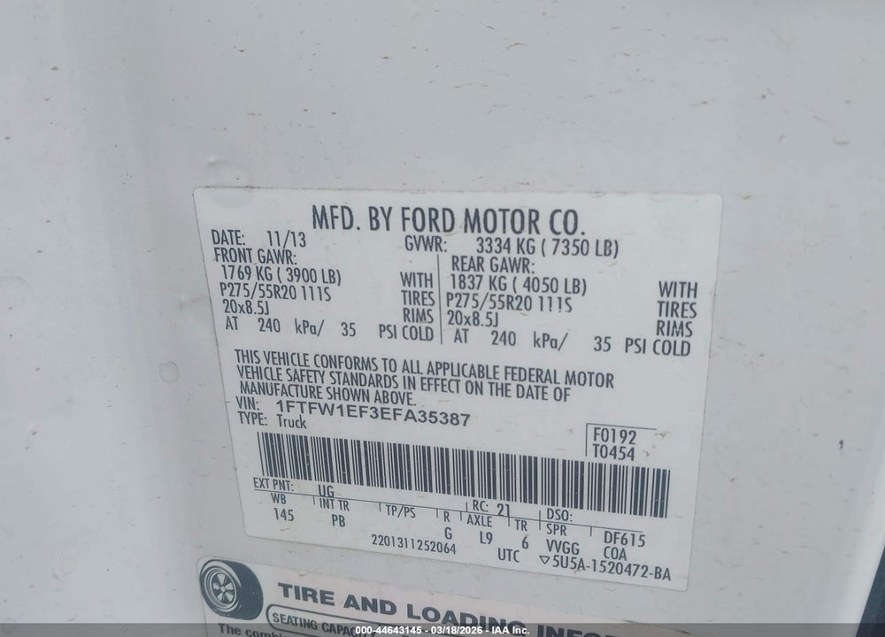 2014 FORD F-150 PLATINUM VIN: 1FTFW1EF3EFA35387