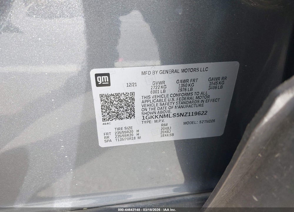 2022 GMC ACADIA FWD SLT VIN: 1GKKNMLS5NZ119622