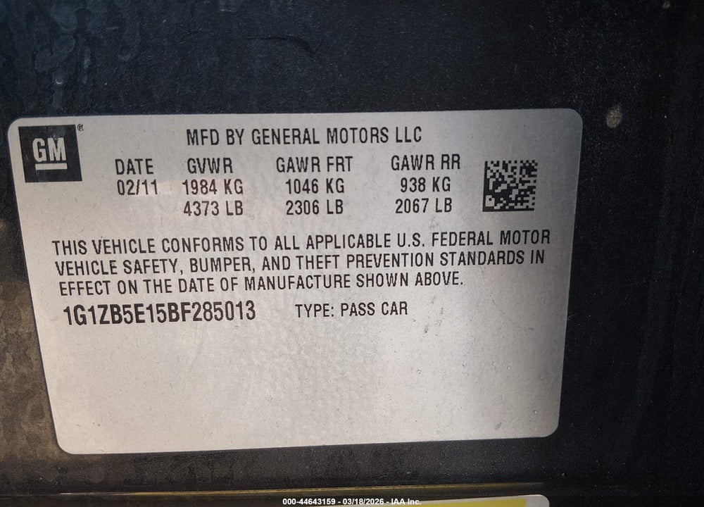 2011 CHEVROLET MALIBU LS VIN: 1G1ZB5E15BF285013