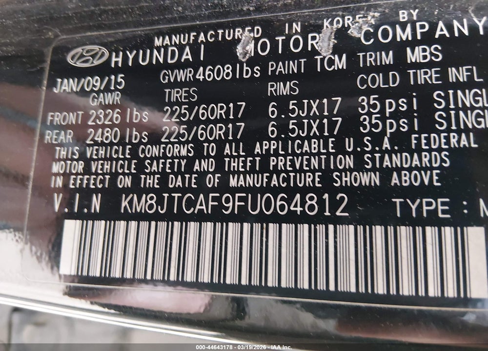 2015 HYUNDAI TUCSON GLS VIN: KM8JTCAF9FU064812