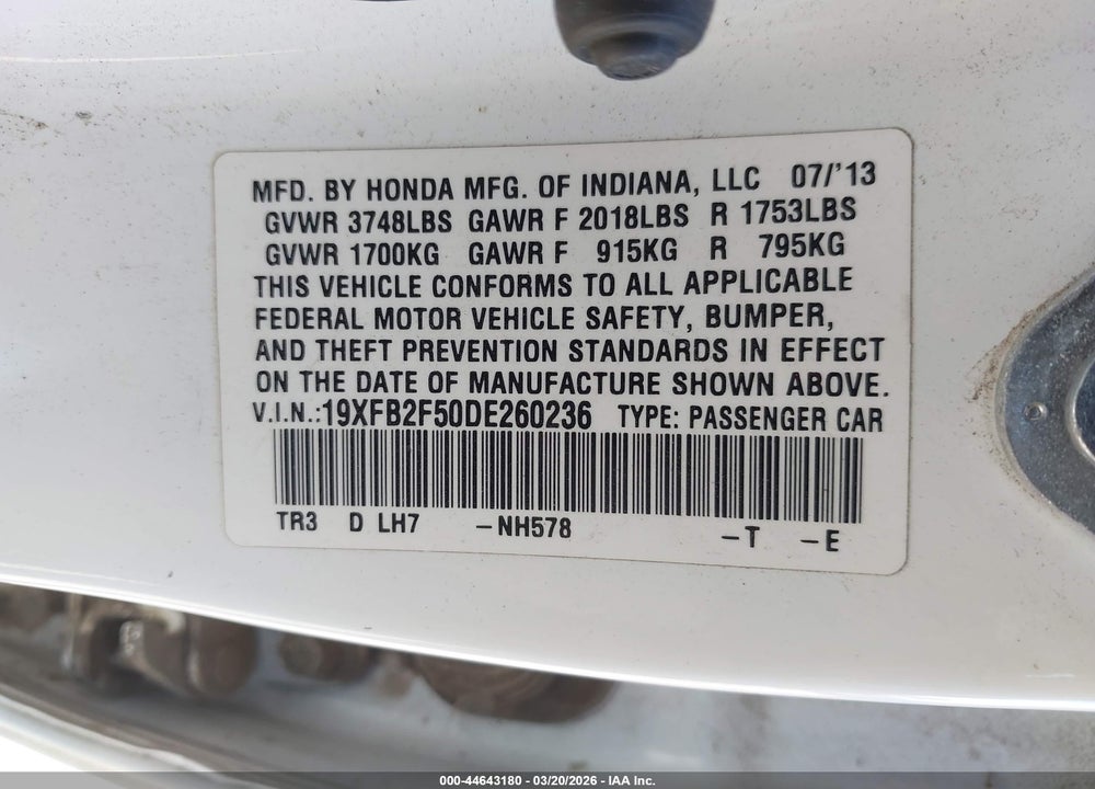 2013 HONDA CIVIC LX VIN: 19XFB2F50DE260236
