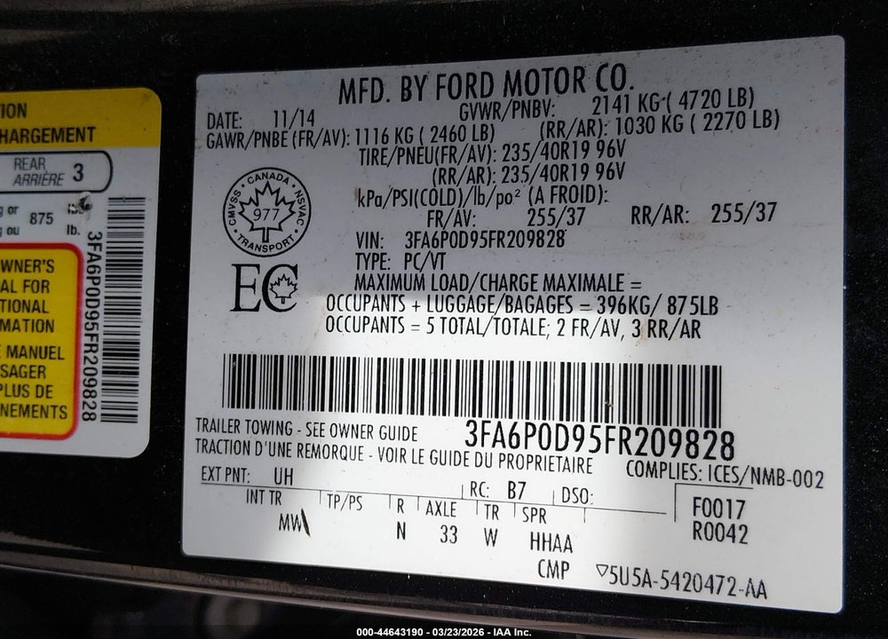 2015 FORD FUSION TITANIUM VIN: 3FA6P0D95FR209828