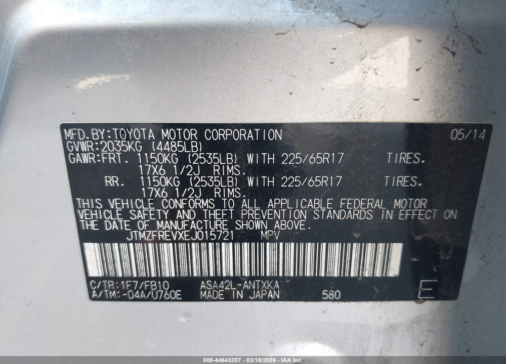 2014 TOYOTA RAV4 LE VIN: JTMZFREVXEJ015721
