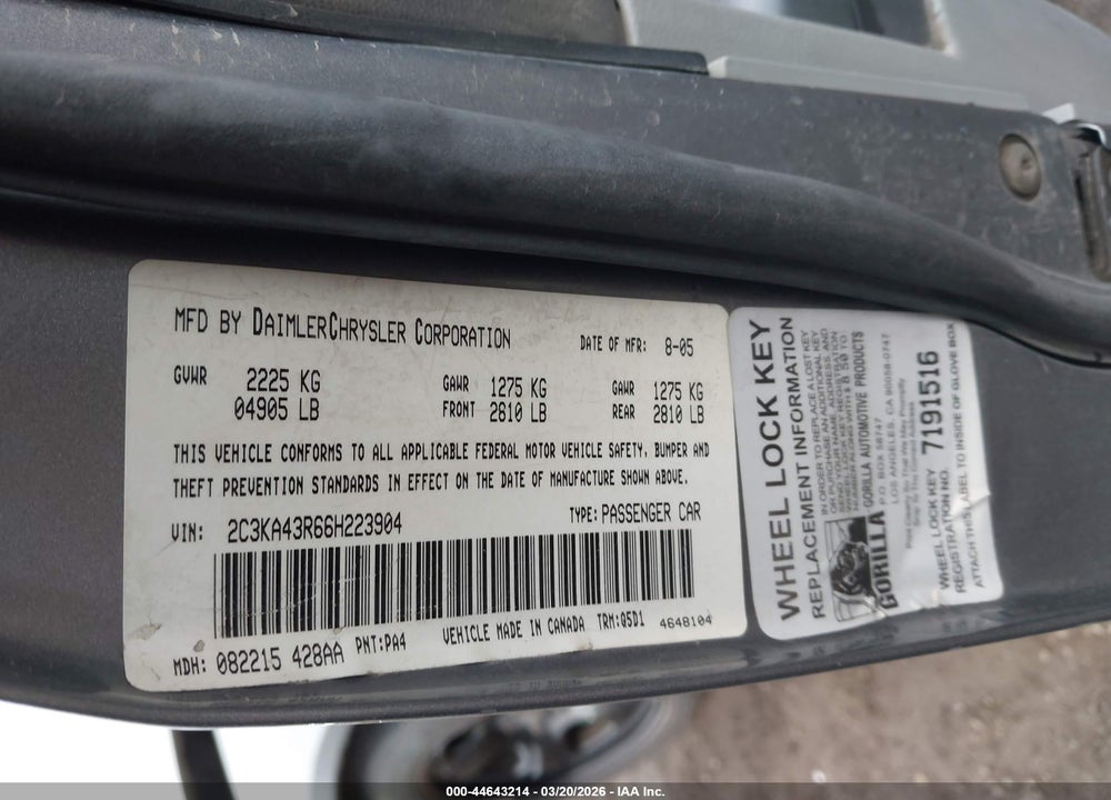 2006 CHRYSLER 300 VIN: 2C3KA43R66H223904