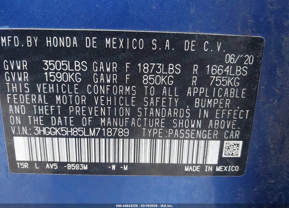 2020 HONDA FIT EX VIN: 3HGGK5H85LM718789