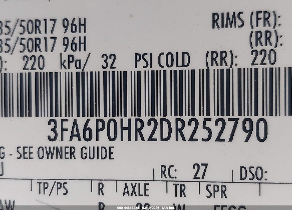2013 FORD FUSION SE VIN: 3FA6P0HR2DR252790