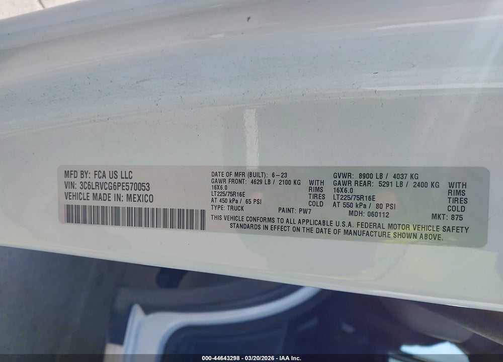 2023 RAM PROMASTER 2500 HIGH ROOF 136 WB VIN: 3C6LRVCG6PE570053
