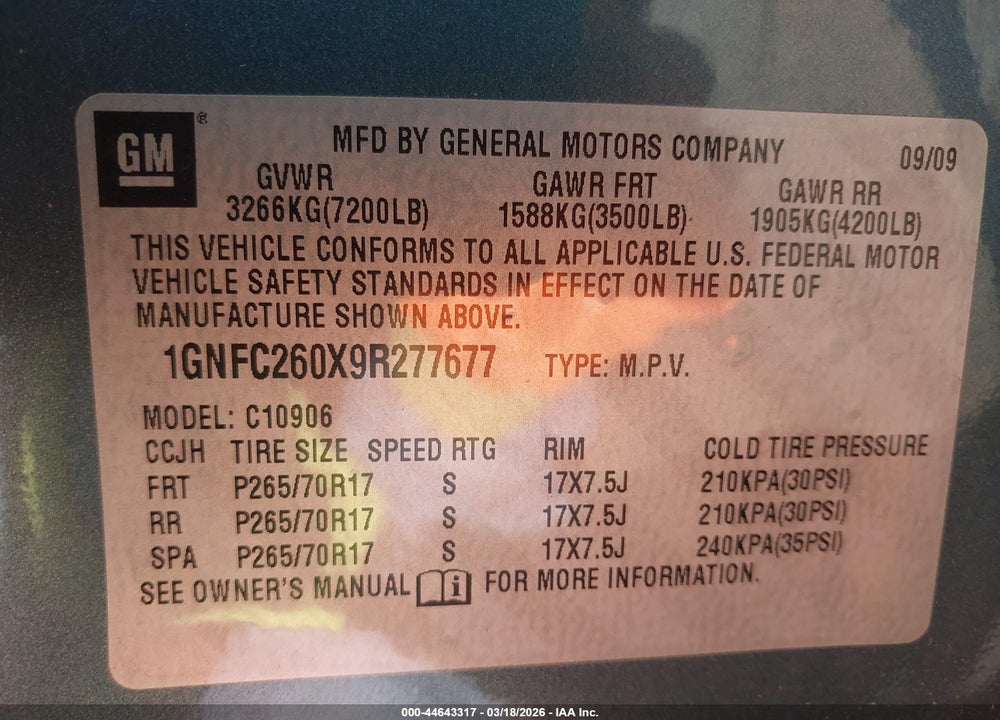 2009 CHEVROLET SUBURBAN 1500 LT2 VIN: 1GNFC260X9R277677