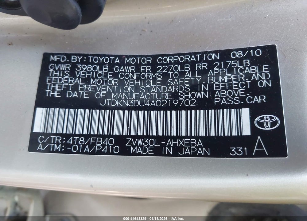 2010 TOYOTA PRIUS III VIN: JTDKN3DU4A0219702