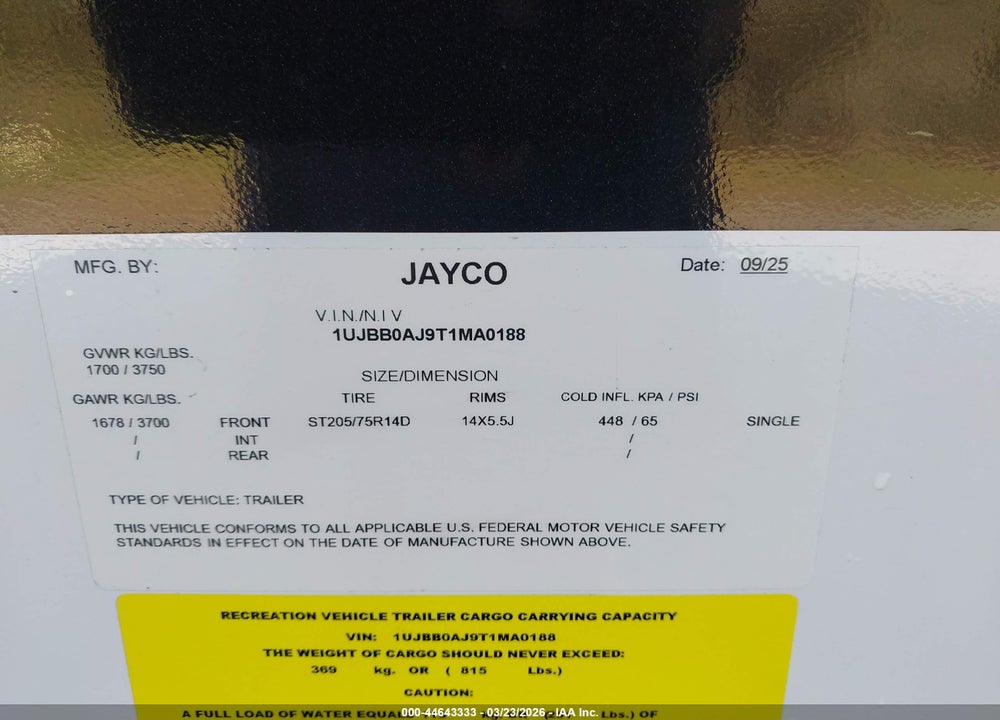 2026 JAYCO CAMPER VIN: 1UJBB0AJ9T1MA0188