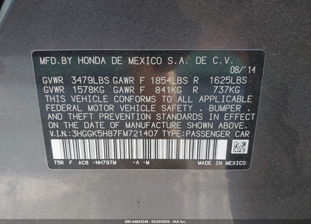 2015 HONDA FIT EX/EX-L VIN: 3HGGK5H87FM721407