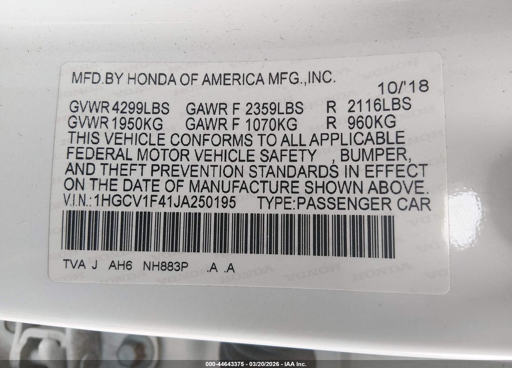 2018 HONDA ACCORD EX VIN: 1HGCV1F41JA250195