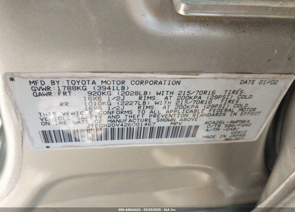 2002 TOYOTA RAV4 VIN: JTEGH20V426001467