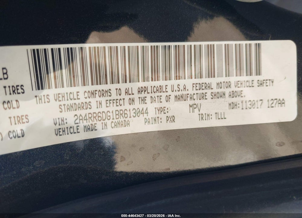 2011 CHRYSLER TOWN & COUNTRY LIMITED VIN: 2A4RR6DG1BR613044