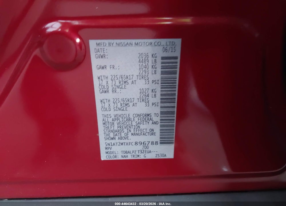 2015 NISSAN ROGUE S VIN: 5N1AT2MTXFC896788