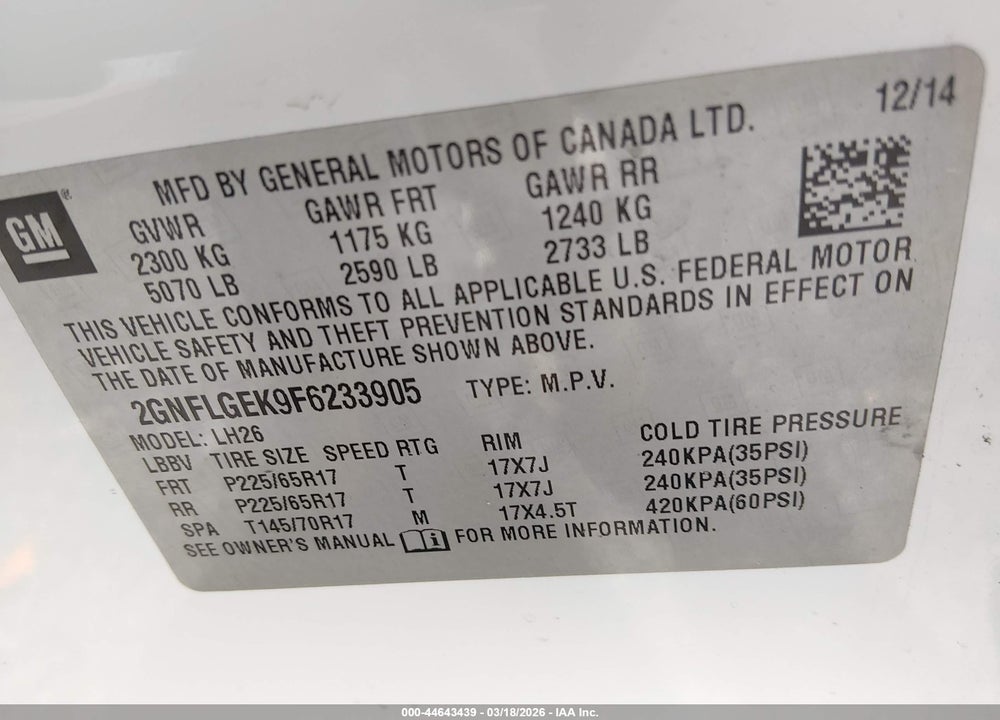 2015 CHEVROLET EQUINOX 2LT VIN: 2GNFLGEK9F6233905