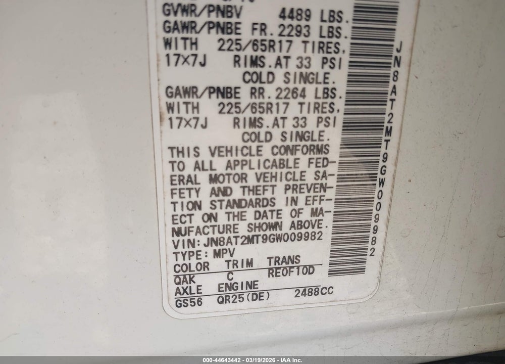 2016 NISSAN ROGUE S VIN: JN8AT2MT9GW009982