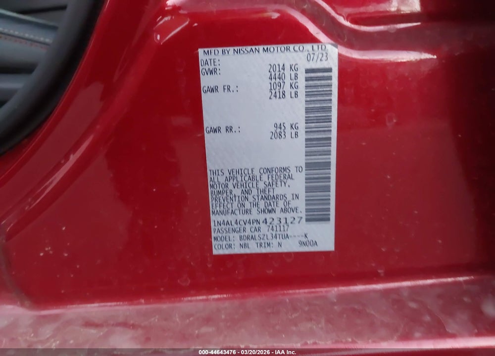 2023 NISSAN ALTIMA SR VC-TURBO FWD VIN: 1N4AL4CV4PN423127