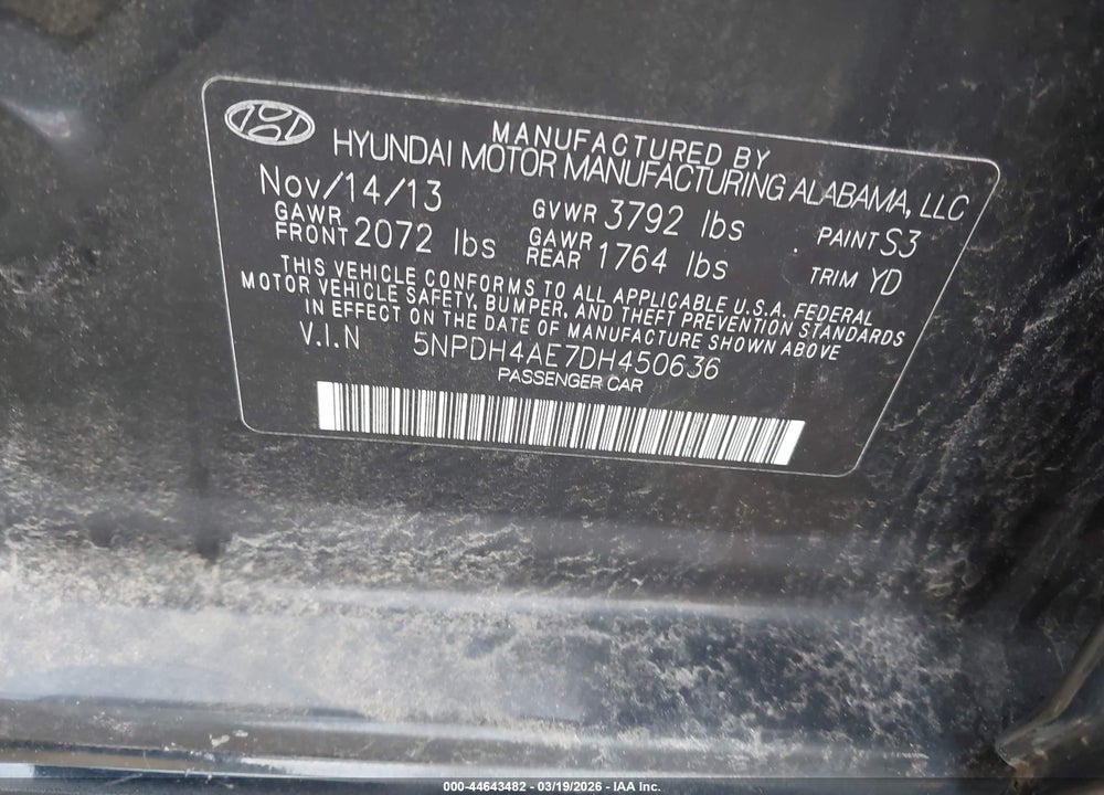 2013 HYUNDAI ELANTRA GLS VIN: 5NPDH4AE7DH450636