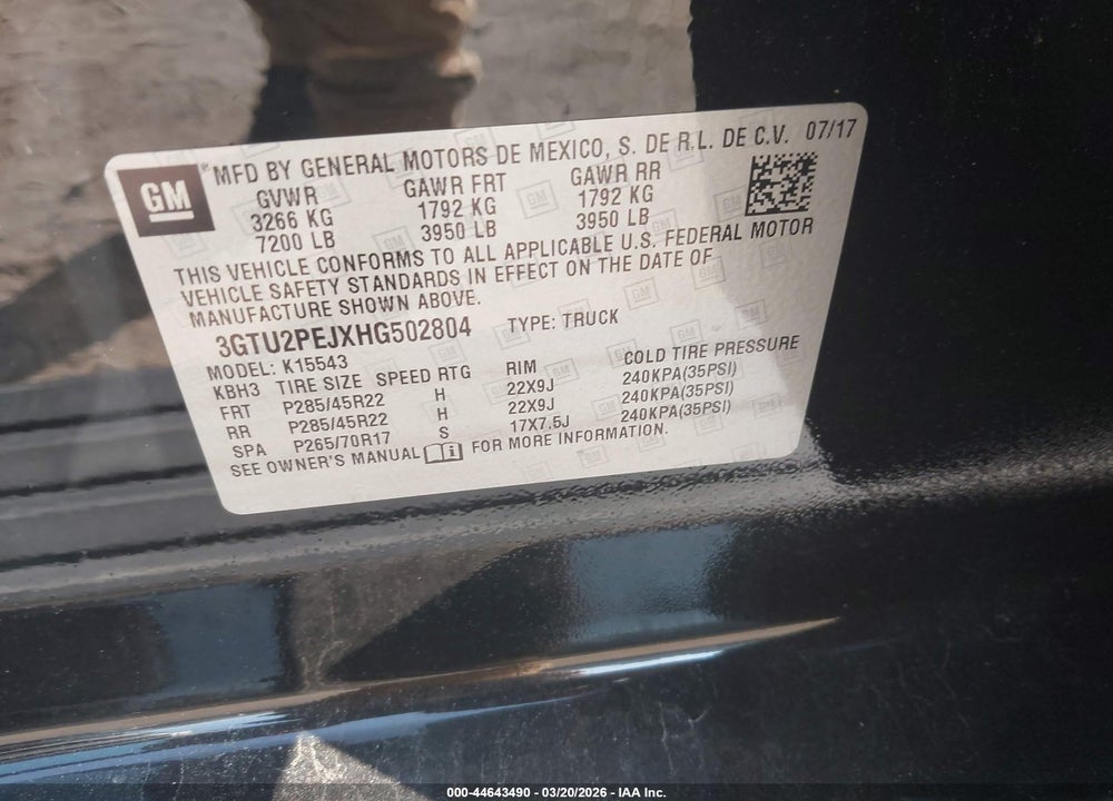 2017 GMC SIERRA 1500 DENALI VIN: 3GTU2PEJXHG502804