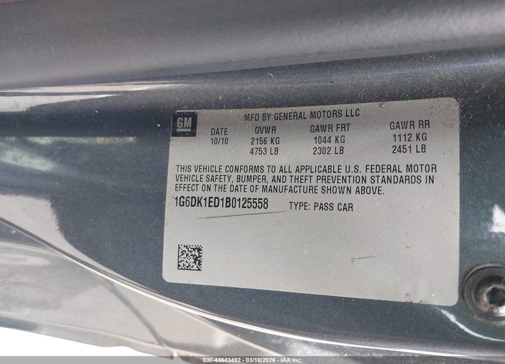 2011 CADILLAC CTS PERFORMANCE VIN: 1G6DK1ED1B0125558