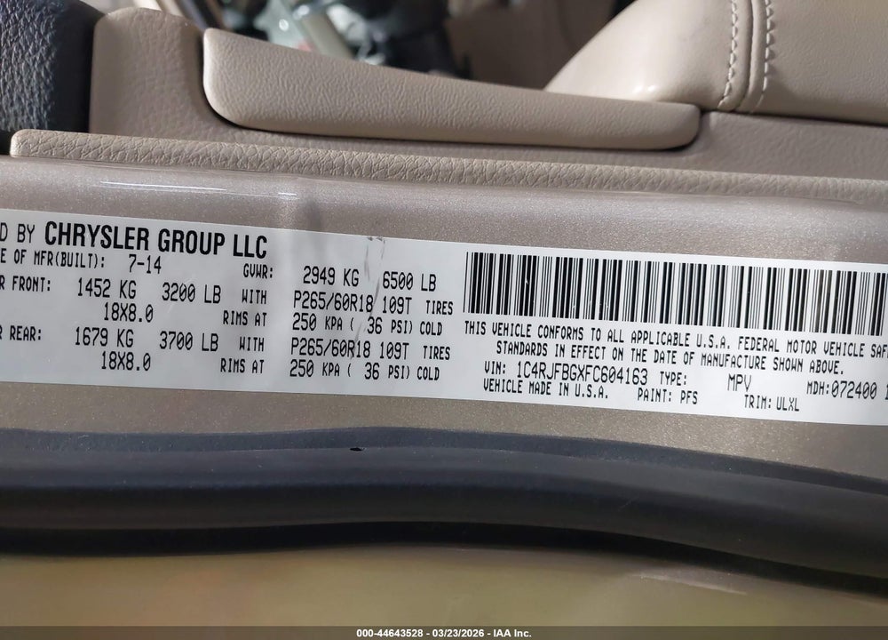 2015 JEEP GRAND CHEROKEE LIMITED VIN: 1C4RJFBGXFC604163