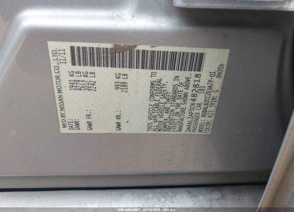 2012 NISSAN ALTIMA 2.5 S VIN: 1N4AL2AP3CN482818