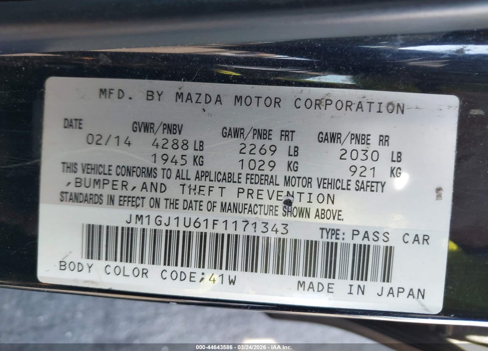 2015 MAZDA 6 I SPORT VIN: JM1GJ1U61F1171343