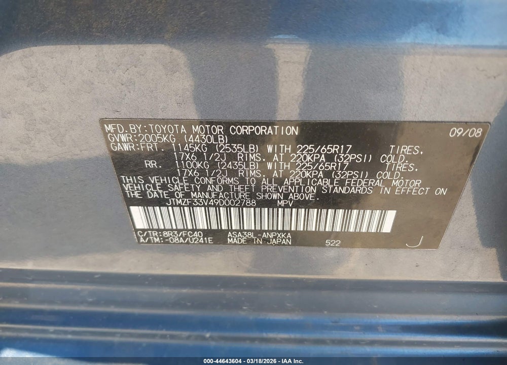 2009 TOYOTA RAV4 VIN: JTMZF33V49D002788