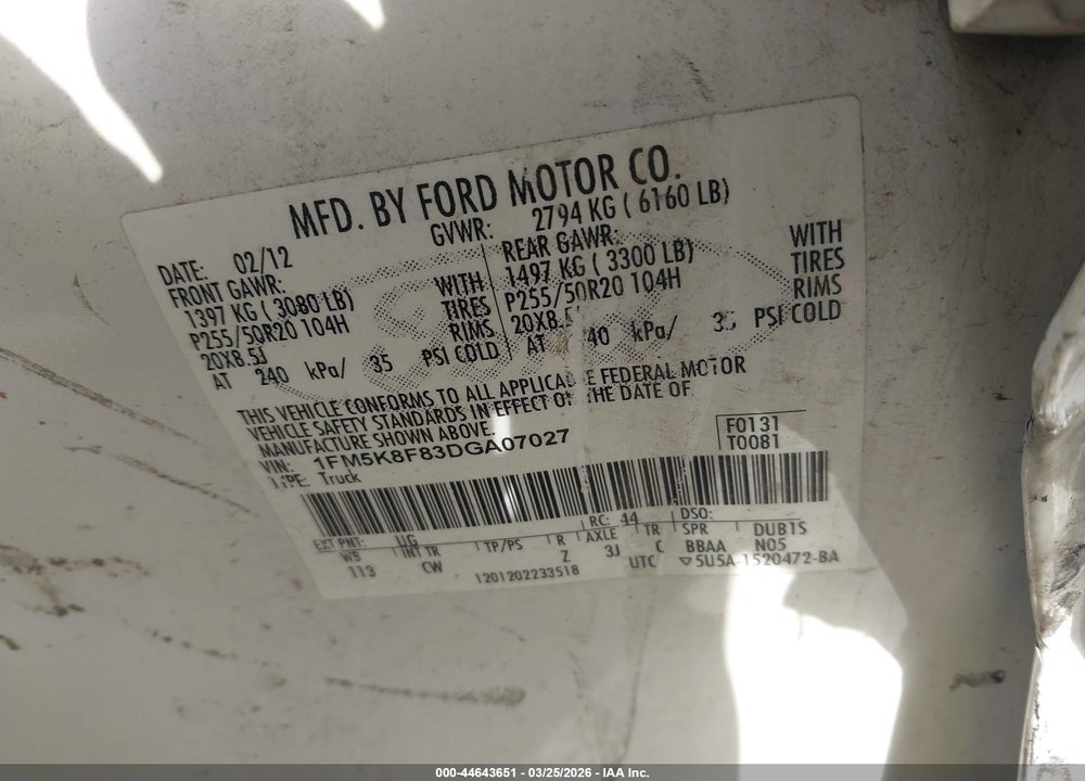 2013 FORD EXPLORER LIMITED VIN: 1FM5K8F83DGA07027