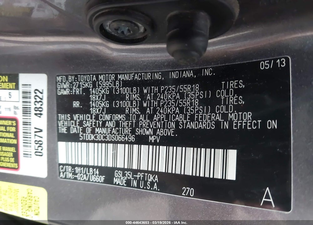 2013 TOYOTA SIENNA XLE 7 PASSENGER VIN: 5TDDK3DC3DS066496