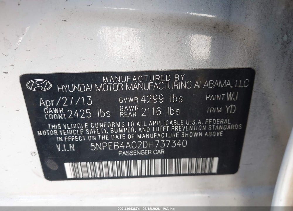 2013 HYUNDAI SONATA GLS VIN: 5NPEB4AC2DH737340