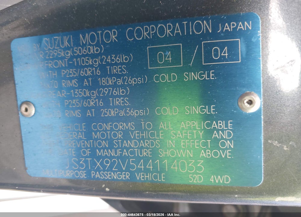 2004 SUZUKI XL-7 EX/LX VIN: JS3TX92V544114033