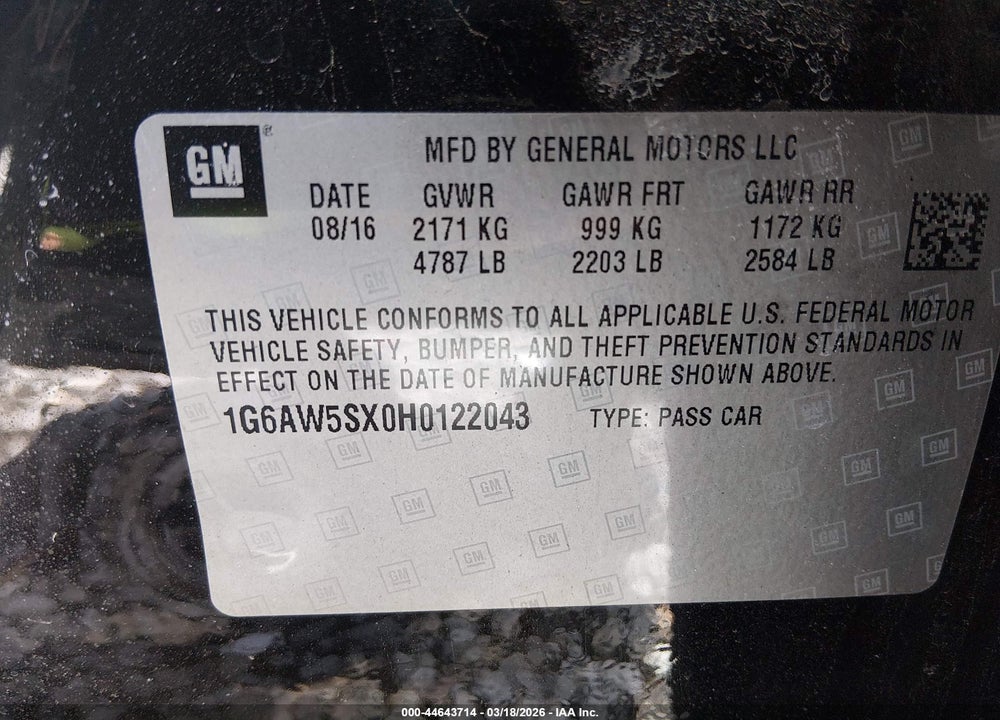 2017 CADILLAC CTS STANDARD VIN: 1G6AW5SX0H0122043