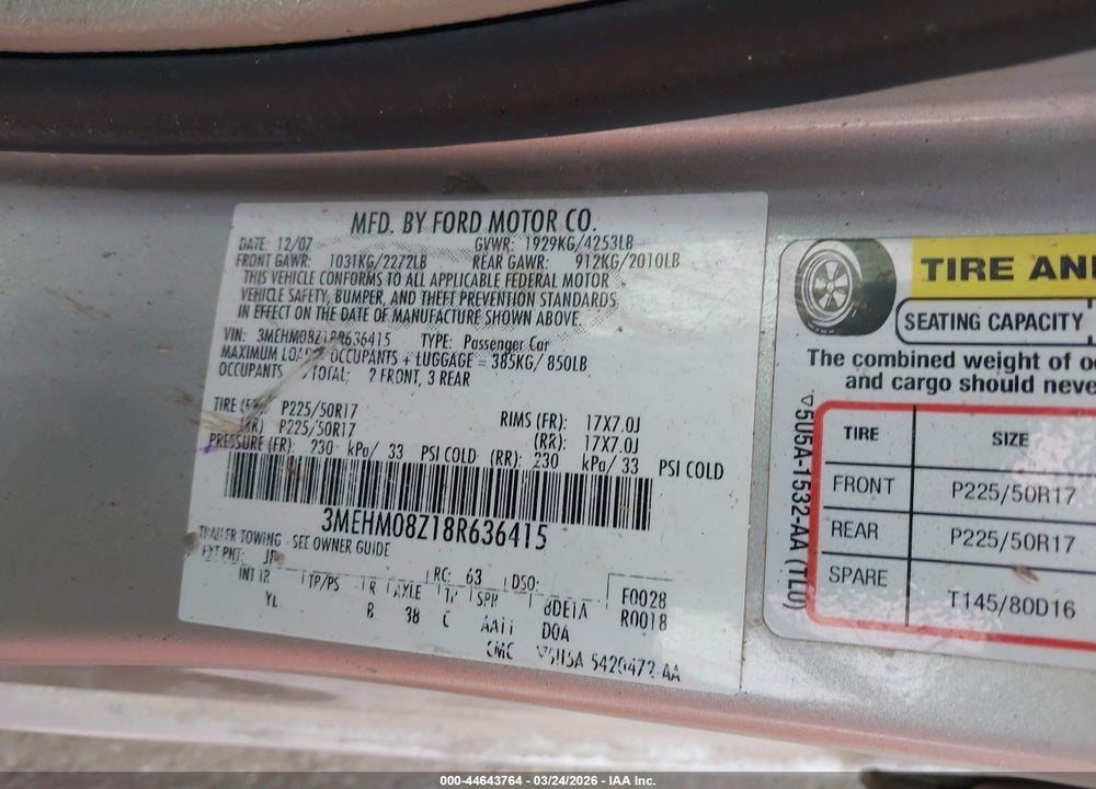 2008 MERCURY MILAN I4 PREMIER VIN: 3MEHM08Z18R636415