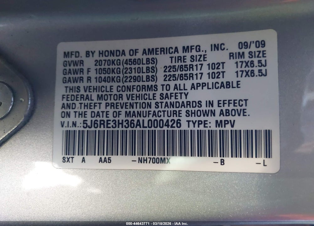 2010 HONDA CR-V LX VIN: 5J6RE3H36AL000426