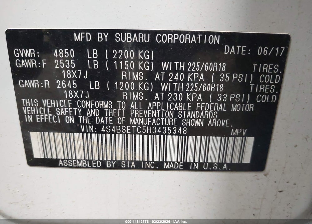 2017 SUBARU OUTBACK 3.6R TOURING VIN: 4S4BSETC5H3435348