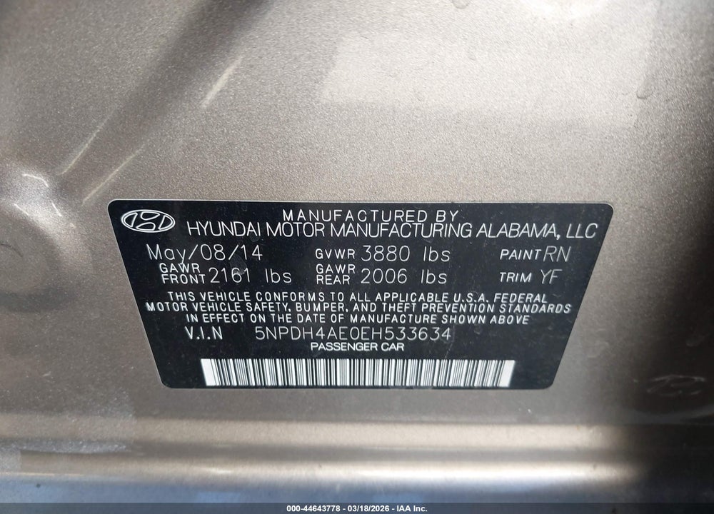 2014 HYUNDAI ELANTRA SE VIN: 5NPDH4AE0EH533634