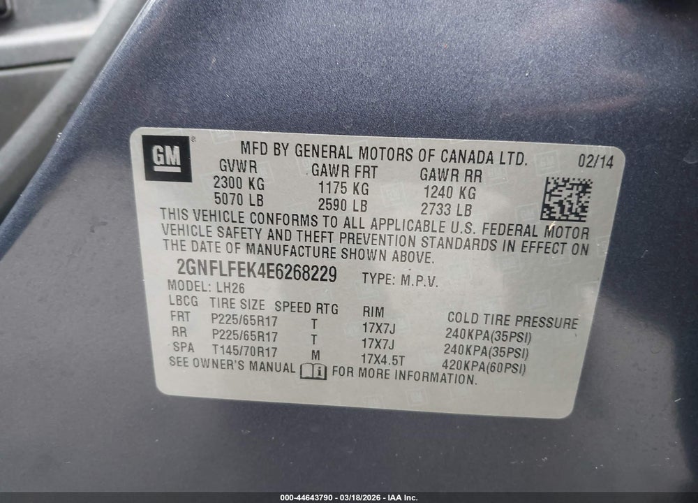 2014 CHEVROLET EQUINOX 1LT VIN: 2GNFLFEK4E6268229