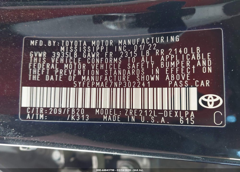 2022 TOYOTA COROLLA LE VIN: 5YFEPMAE7NP302241
