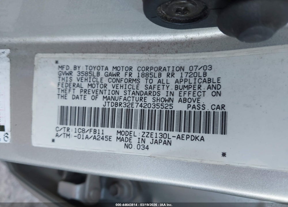 2004 TOYOTA COROLLA CE VIN: JTDBR32E742035525
